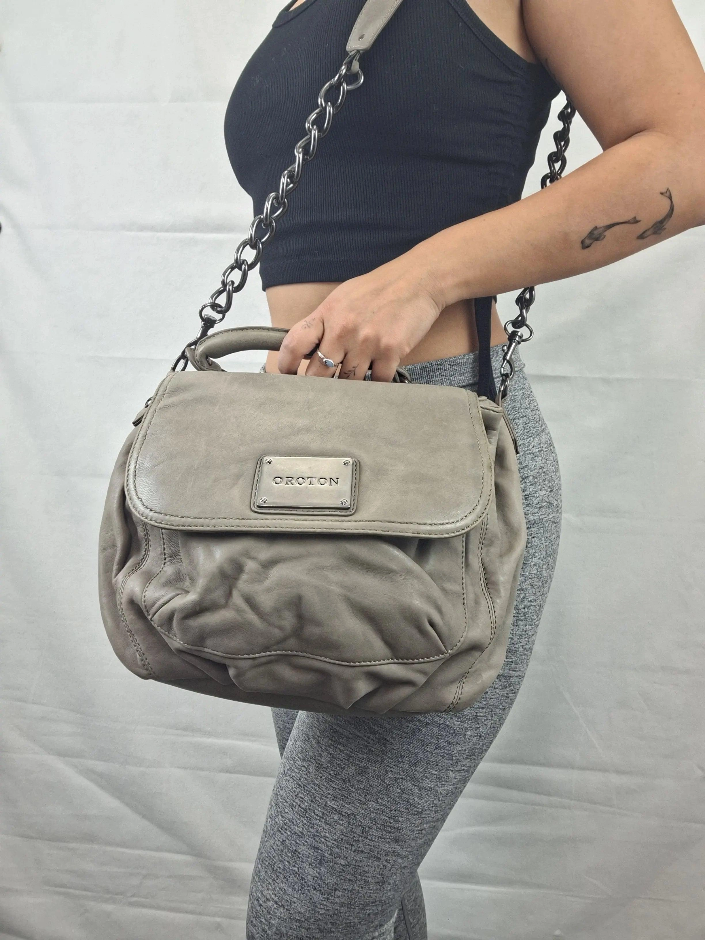 Oroton Taupe Top Handle Soft Crossbody Bag