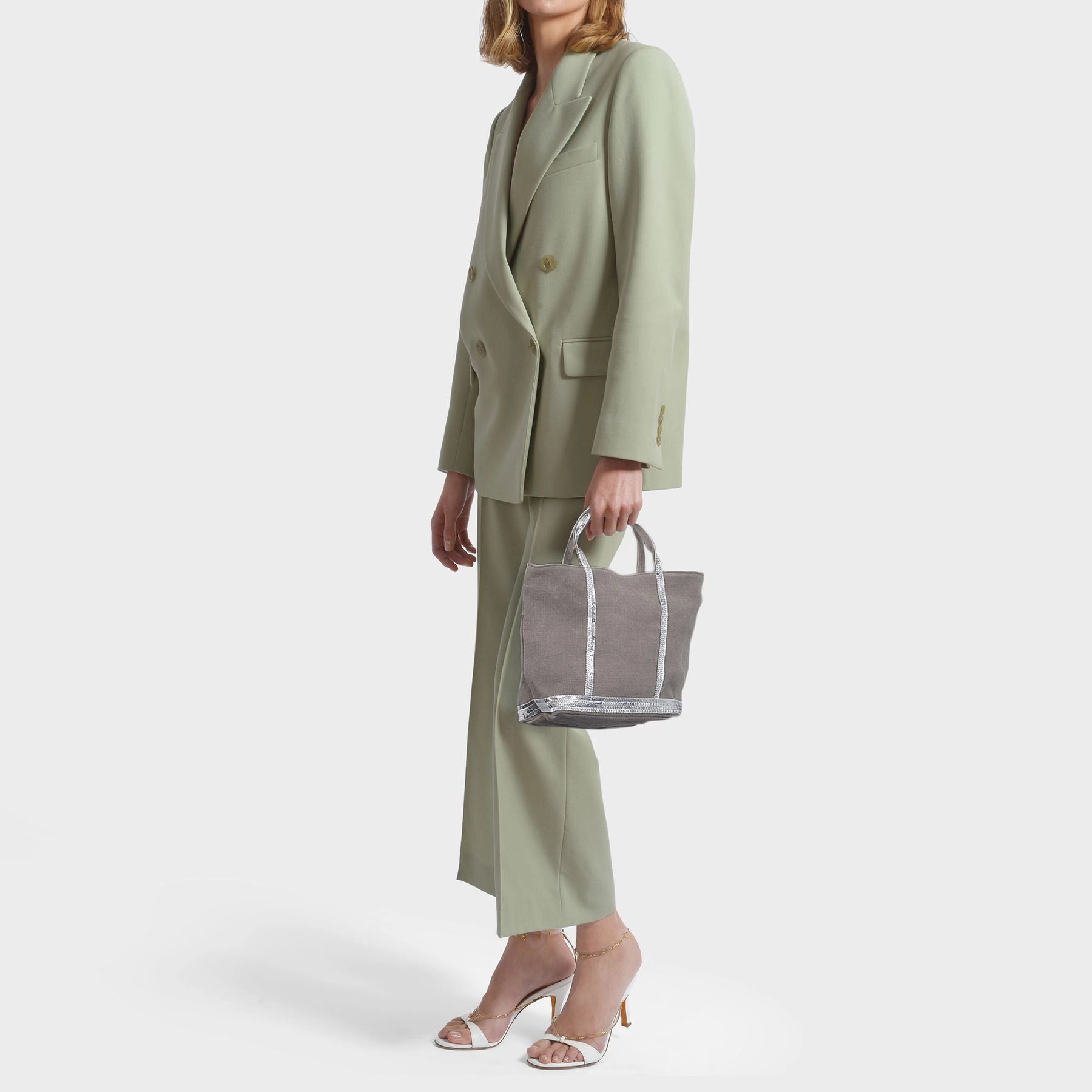 Petit Cabas Tote in Grey Linen and Sequins