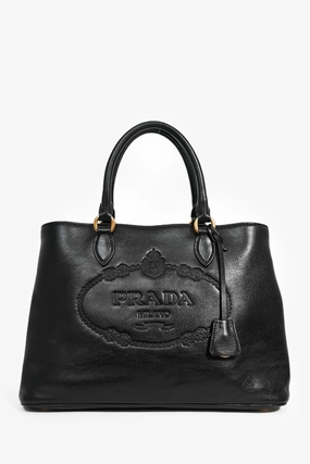 Prada Black Leather Embossed Logo Tote Bag with Strap