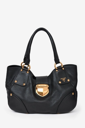 Prada Black Leather Vitello Daino Shopping Tote