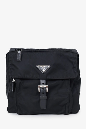 Prada Black Re-Nylon Vela Saffiano Pocket Single Buckle Messenger Bag