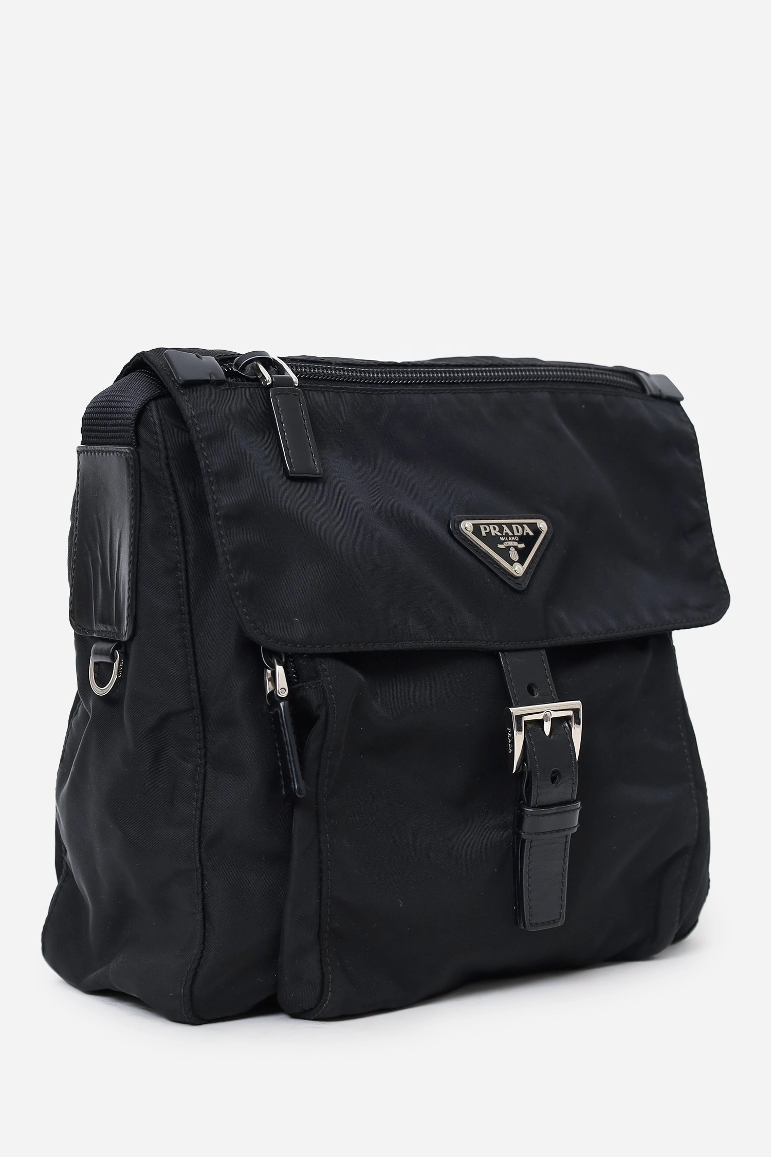 Prada Black Re-Nylon Vela Saffiano Pocket Single Buckle Messenger Bag
