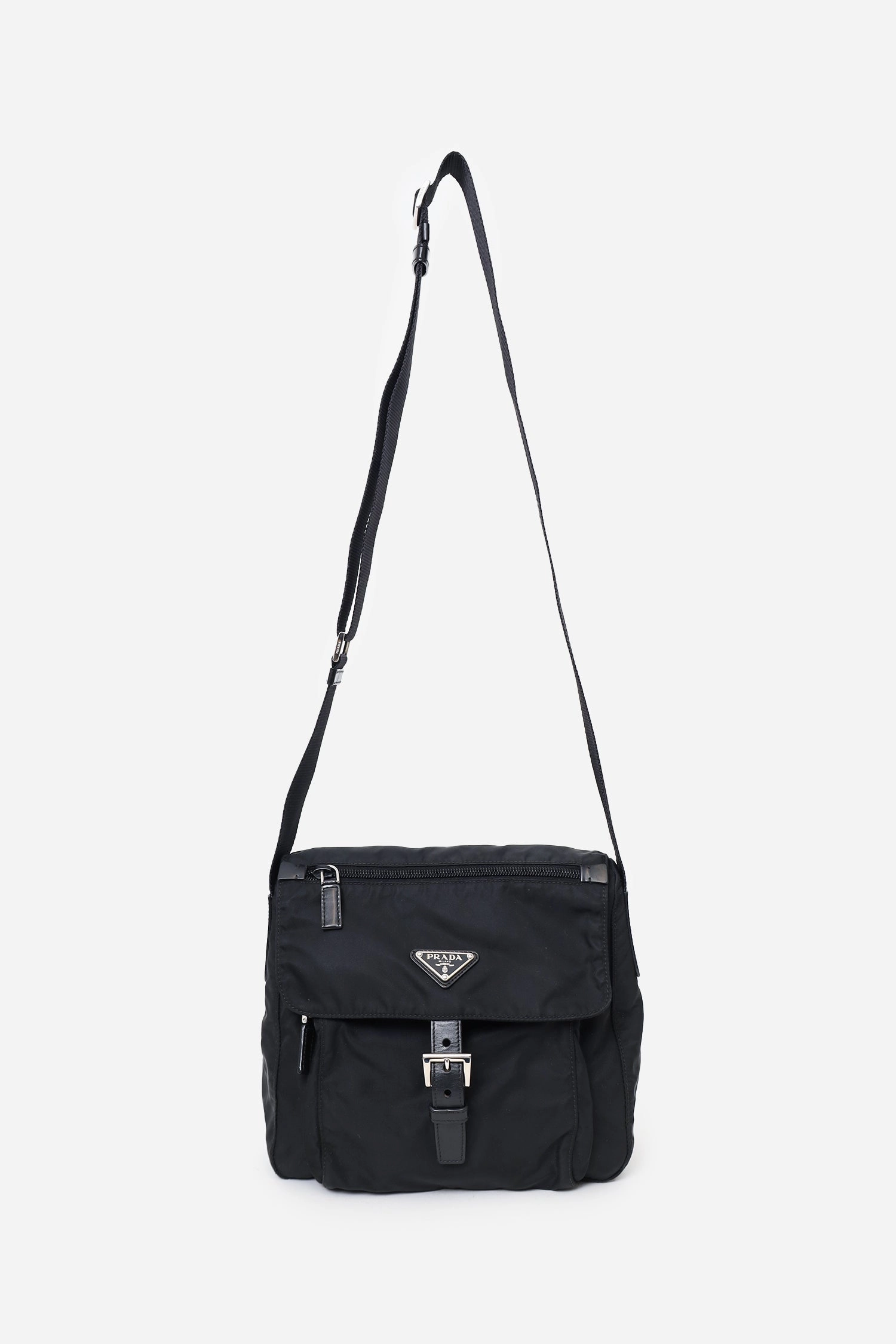 Prada Black Re-Nylon Vela Saffiano Pocket Single Buckle Messenger Bag