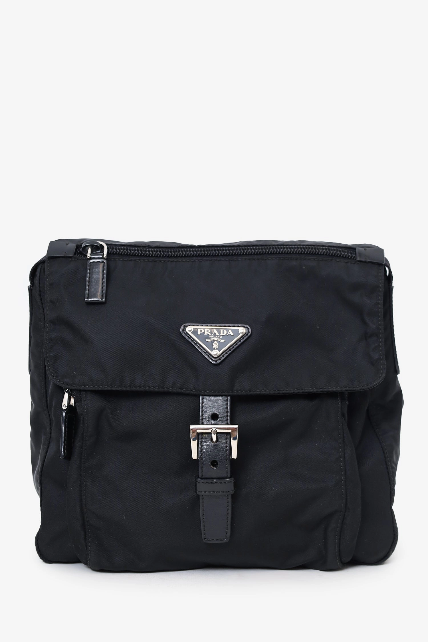 Prada Black Re-Nylon Vela Saffiano Pocket Single Buckle Messenger Bag