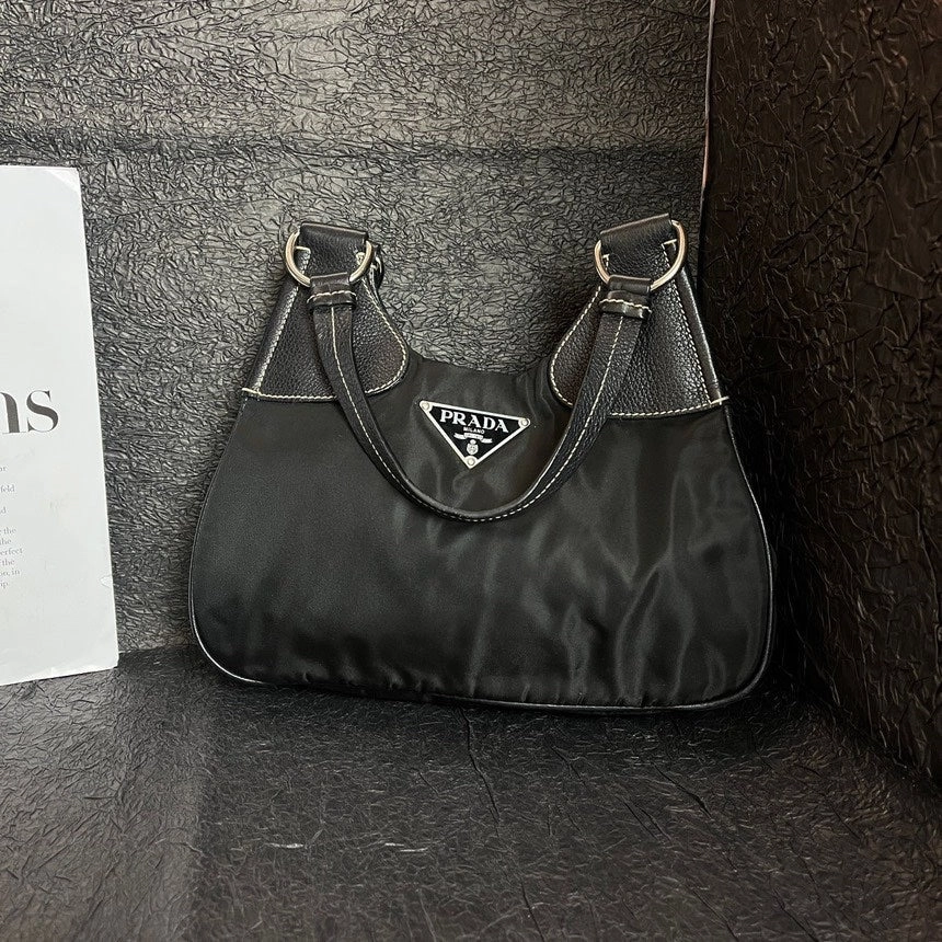 Prada Black Silver Leather Seam Hobo Shoulder Bag 28x23x10