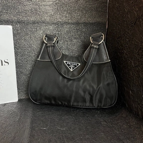 Prada Black Silver Leather Seam Hobo Shoulder Bag 28x23x10