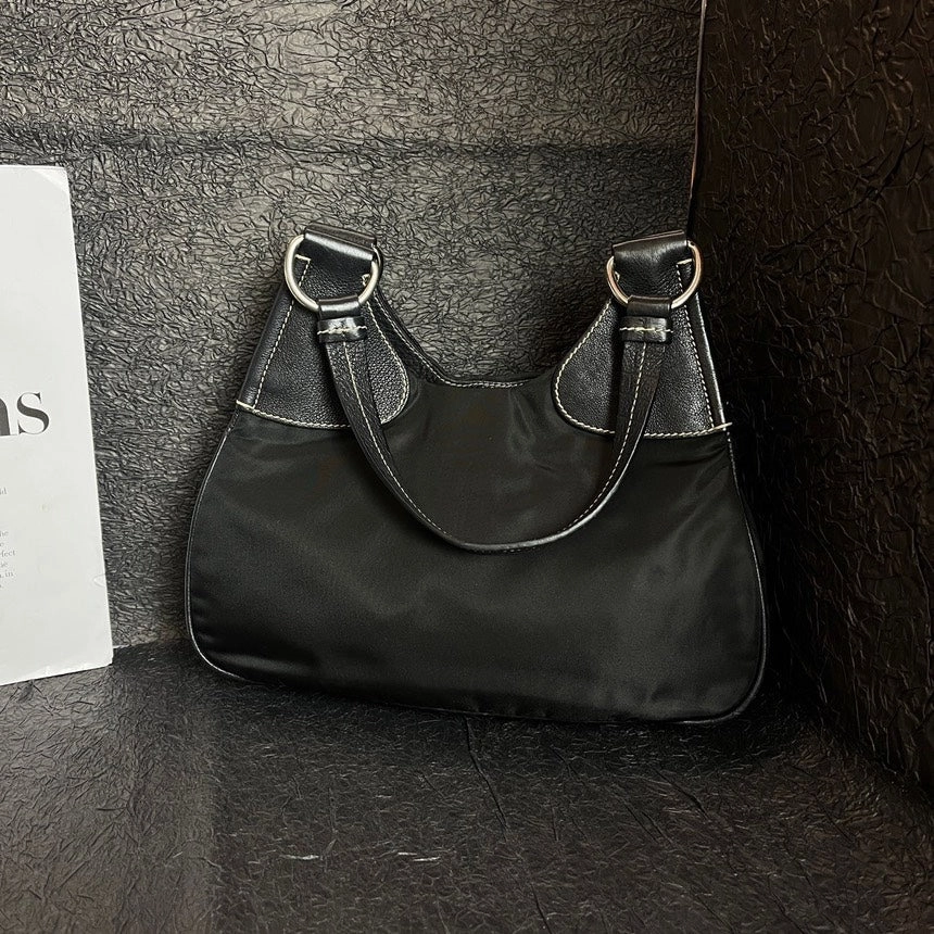 Prada Black Silver Leather Seam Hobo Shoulder Bag 28x23x10