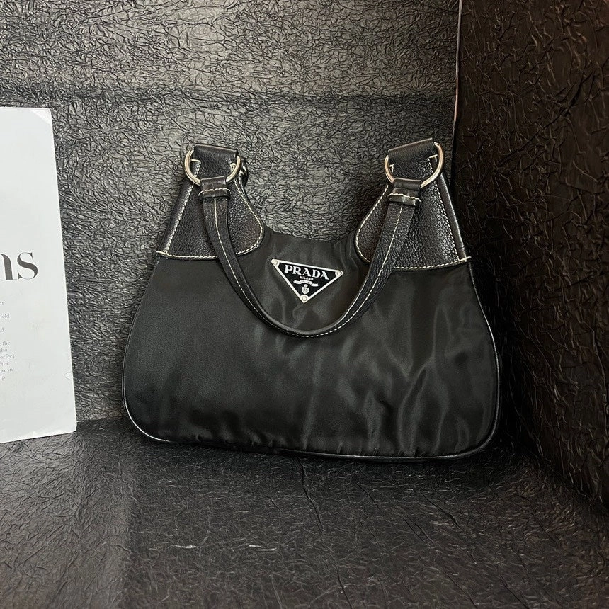 Prada Black Silver Leather Seam Hobo Shoulder Bag 28x23x10