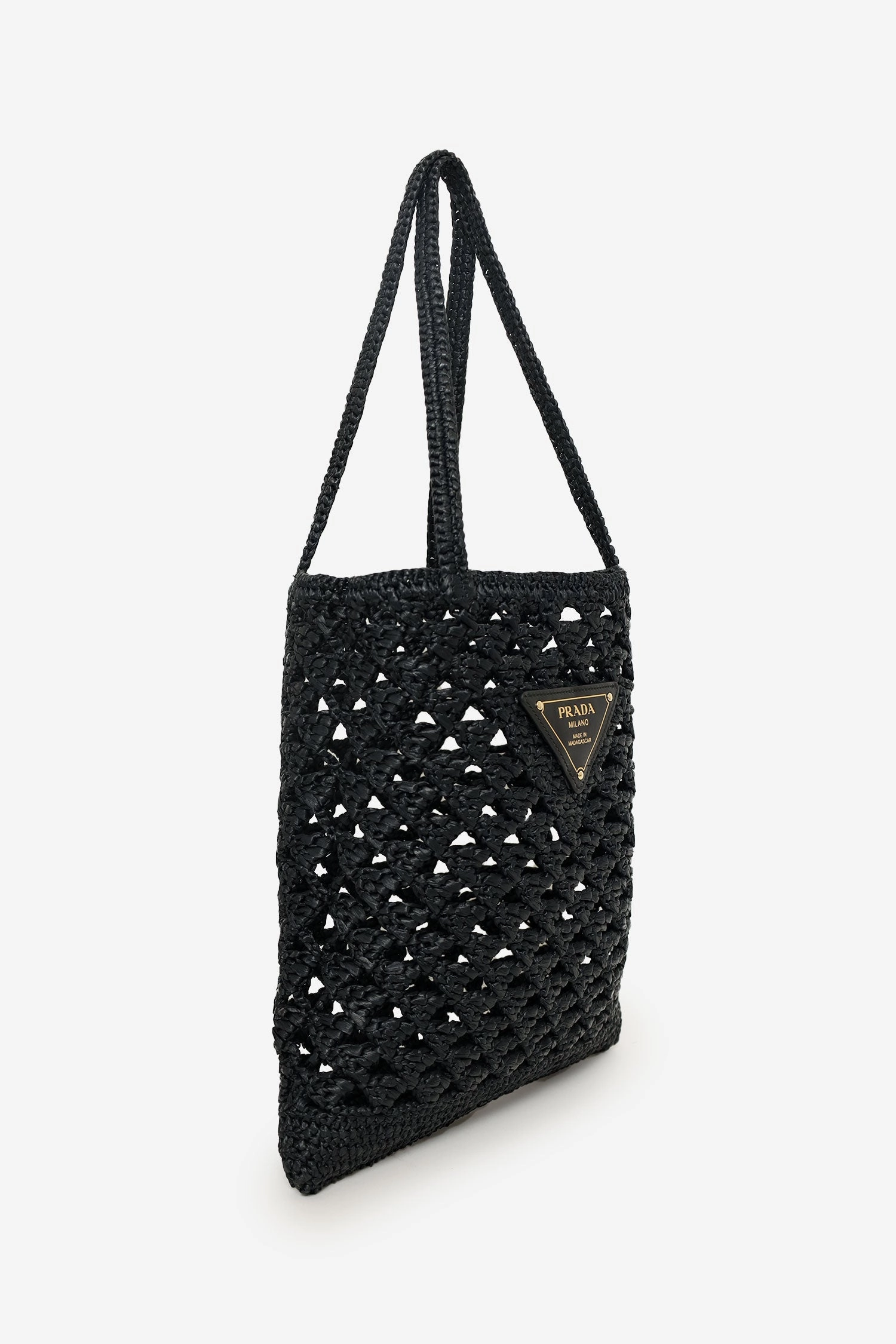 Prada Black Yarn Raffia Effect Embroidered Logo Tote
