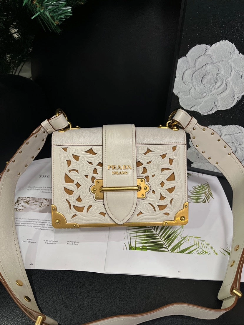 Prada Cahier White Gold Hollow Rivet Crossbody Bag