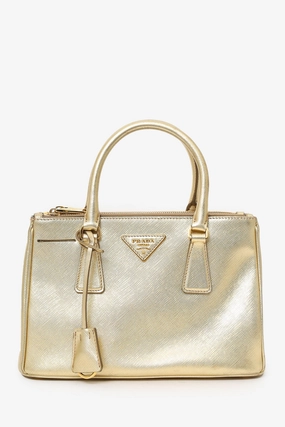 Prada Gold Metallic Saffiano Lux Leather Small Double Zip Galleria Tote with Strap