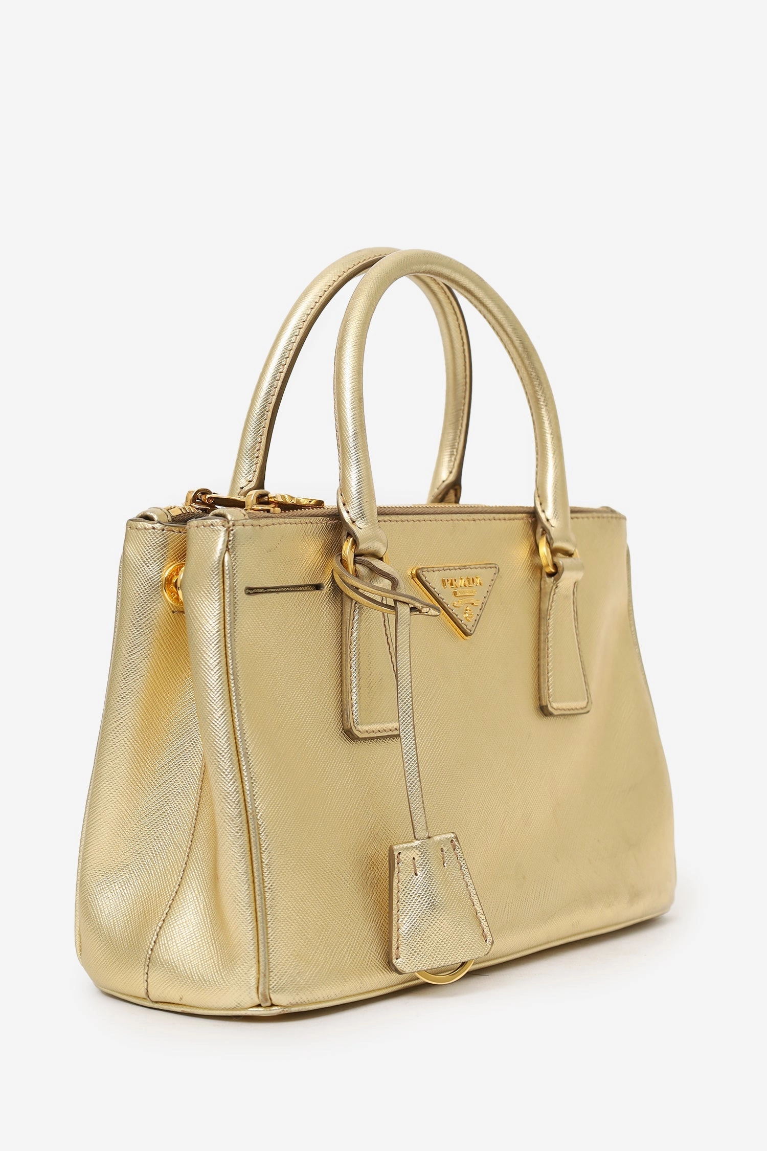 Prada Gold Metallic Saffiano Lux Leather Small Double Zip Galleria Tote with Strap