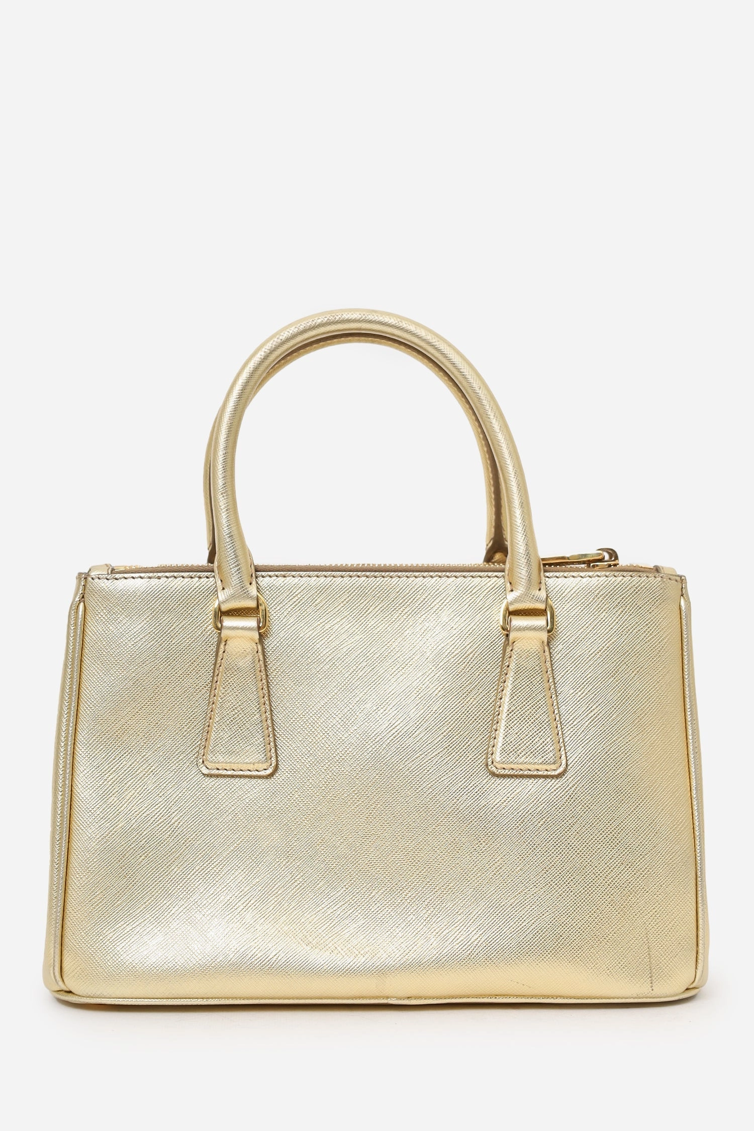 Prada Gold Metallic Saffiano Lux Leather Small Double Zip Galleria Tote with Strap