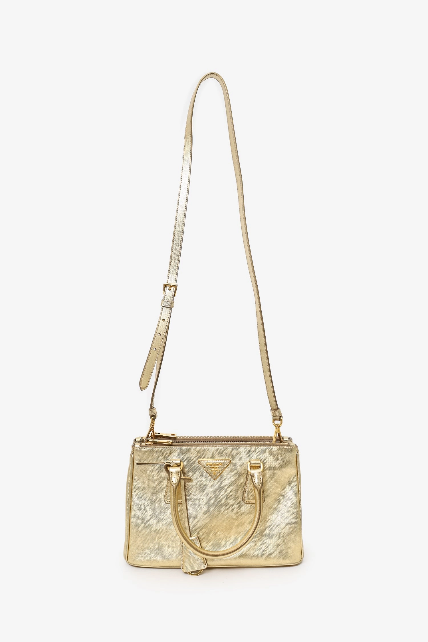 Prada Gold Metallic Saffiano Lux Leather Small Double Zip Galleria Tote with Strap