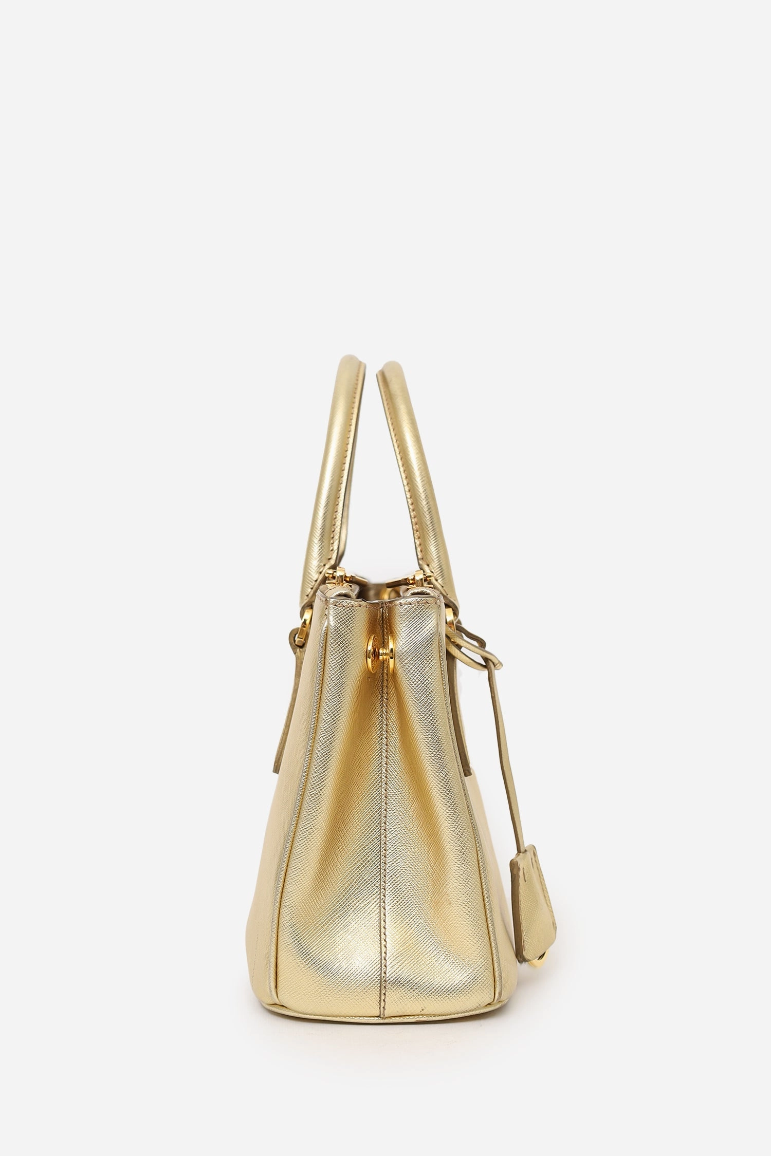 Prada Gold Metallic Saffiano Lux Leather Small Double Zip Galleria Tote with Strap