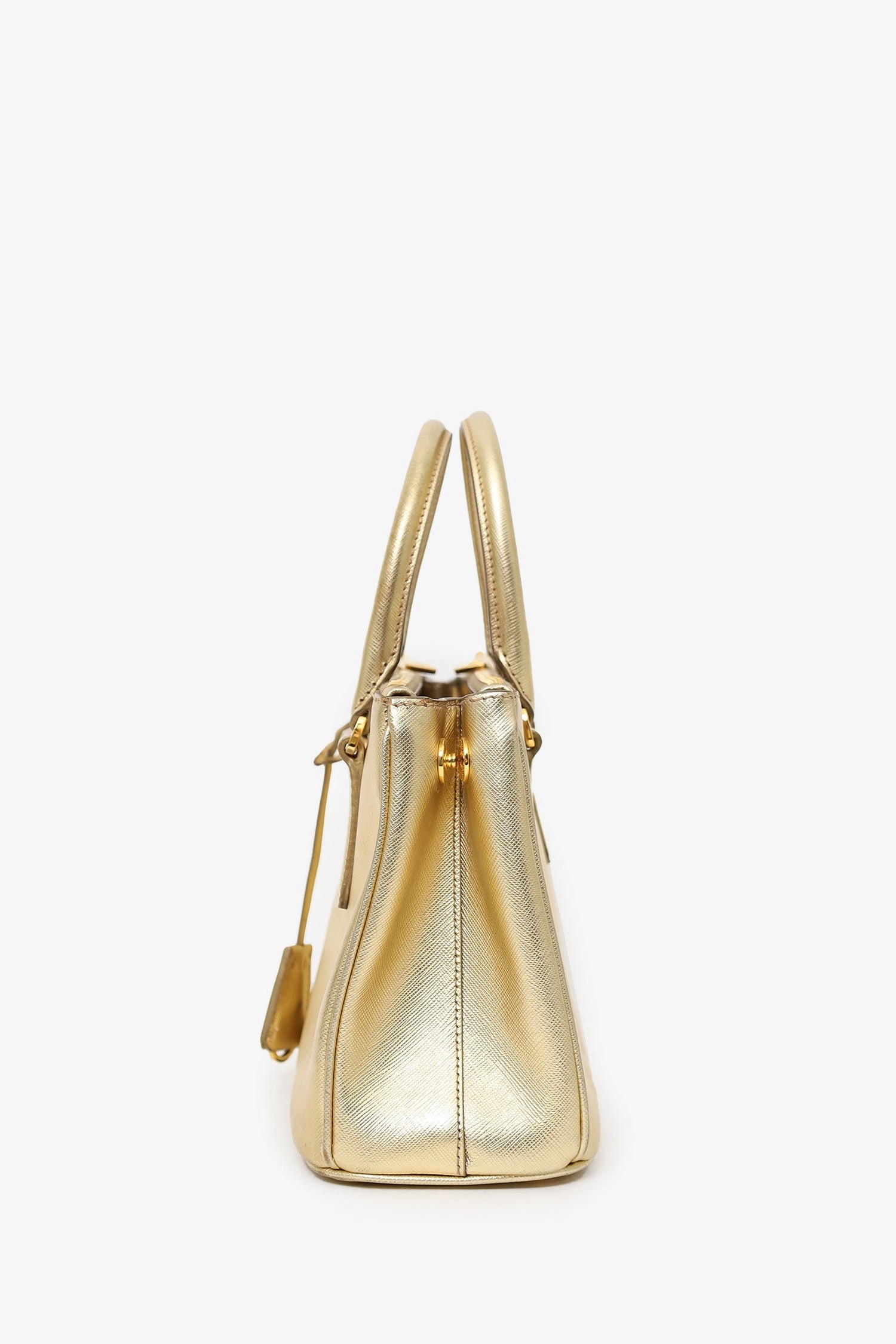 Prada Gold Metallic Saffiano Lux Leather Small Double Zip Galleria Tote with Strap