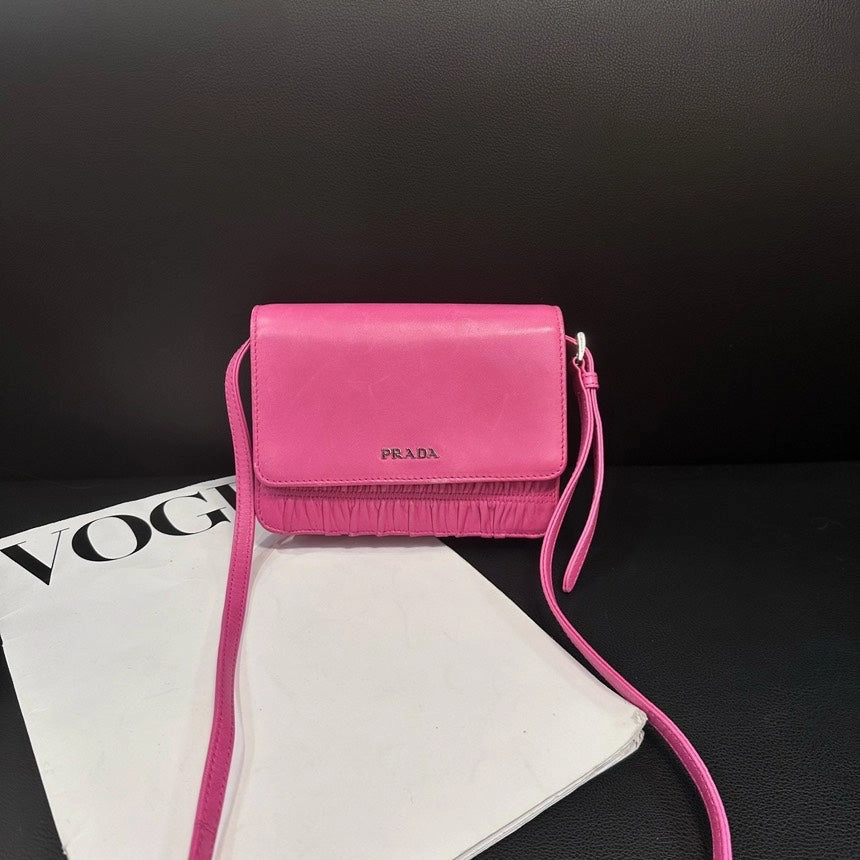 Prada Rose Red Pleated Leather Crossbody Bag