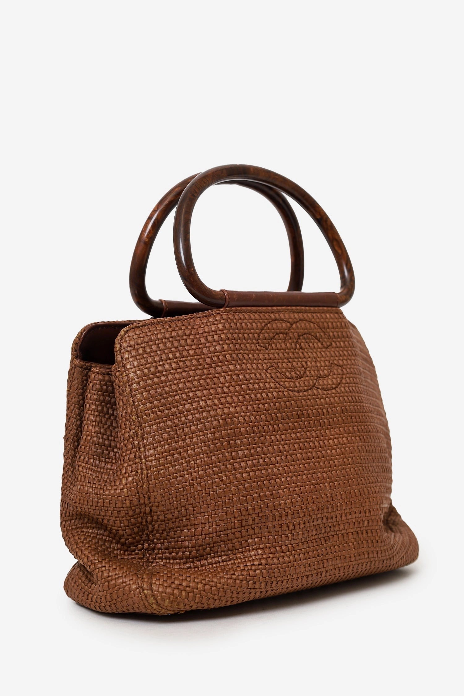 Pre-Loved Chanel 2000-02 Brown Woven Straw Raffia Wooden Top Handle Bag