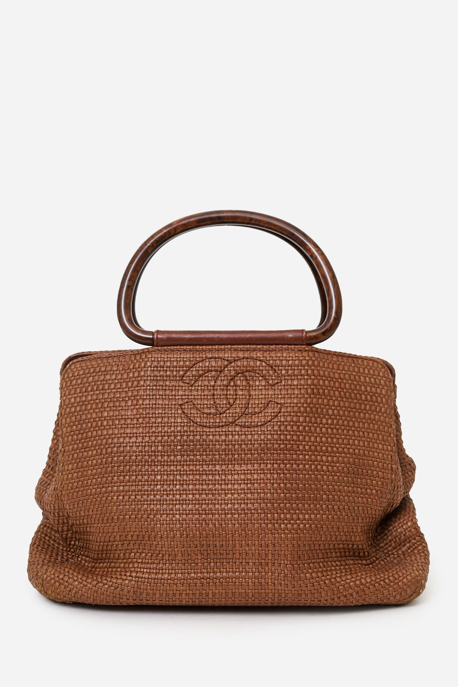 Pre-Loved Chanel 2000-02 Brown Woven Straw Raffia Wooden Top Handle Bag
