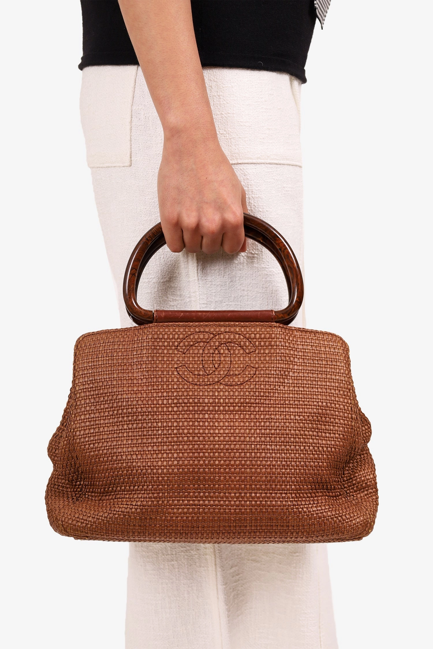 Pre-Loved Chanel 2000-02 Brown Woven Straw Raffia Wooden Top Handle Bag