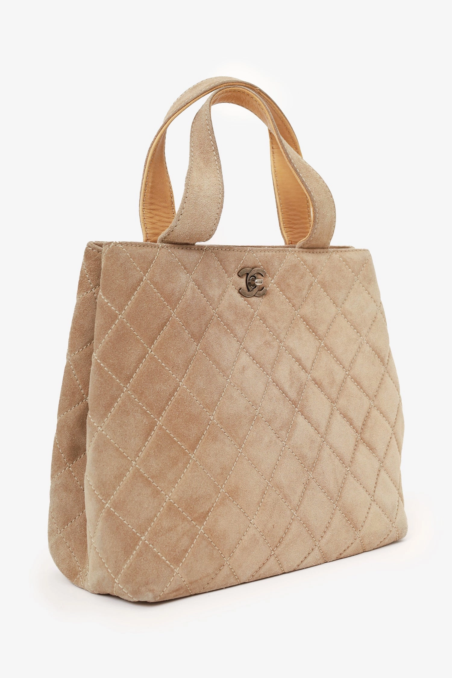 Pre-Loved Chanel 2002-03 Beige Suede Quilted Mini Shopping Tote with Strap