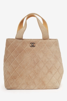 Pre-Loved Chanel 2002-03 Beige Suede Quilted Mini Shopping Tote with Strap