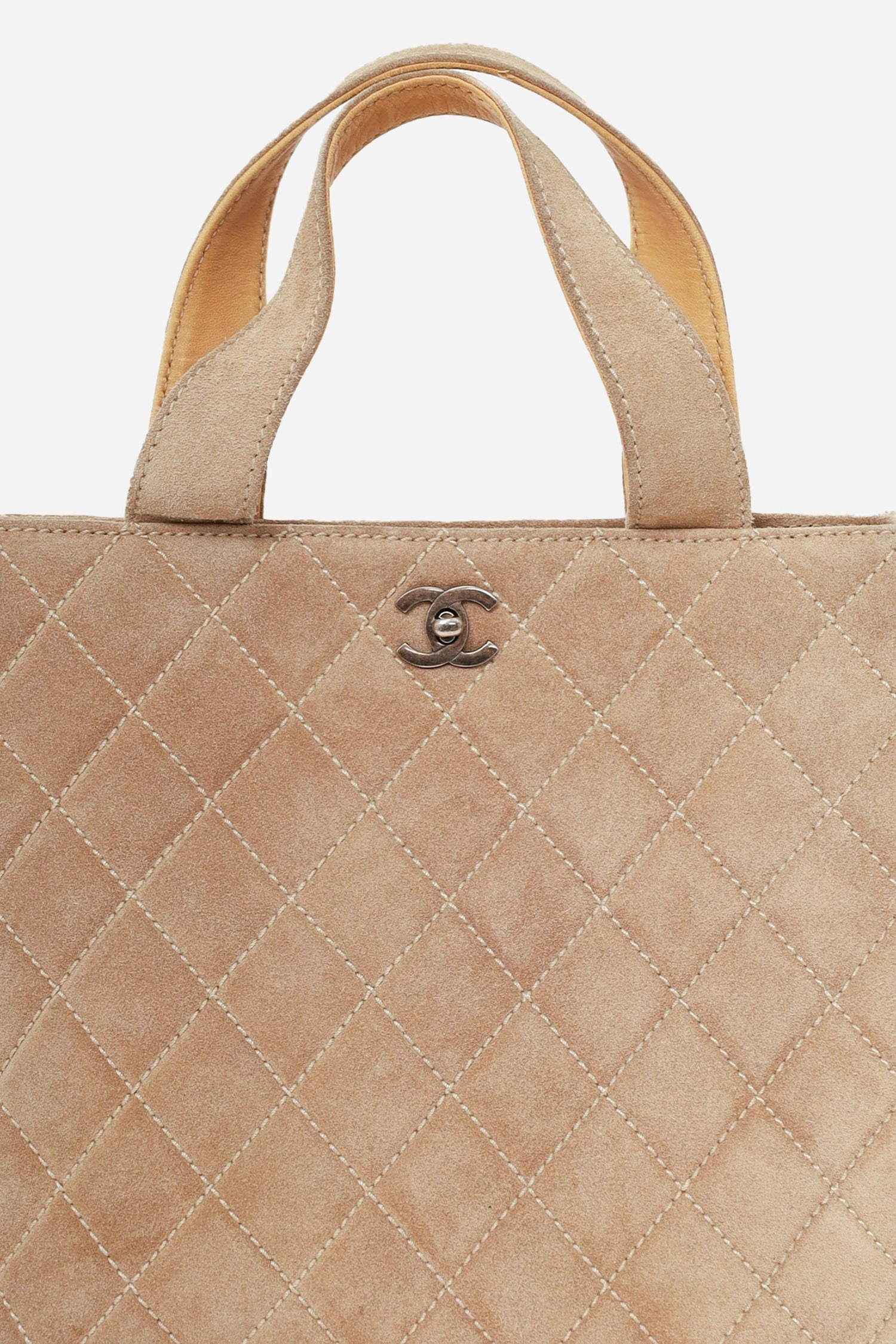 Pre-Loved Chanel 2002-03 Beige Suede Quilted Mini Shopping Tote with Strap