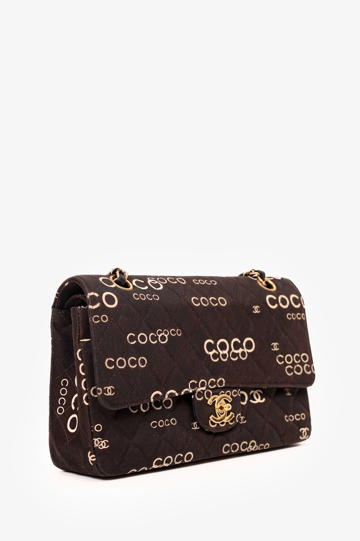 Pre-Loved Chanel 2002-03 Black/White Denim Quilted Coco Print Medium Double Flap Bag