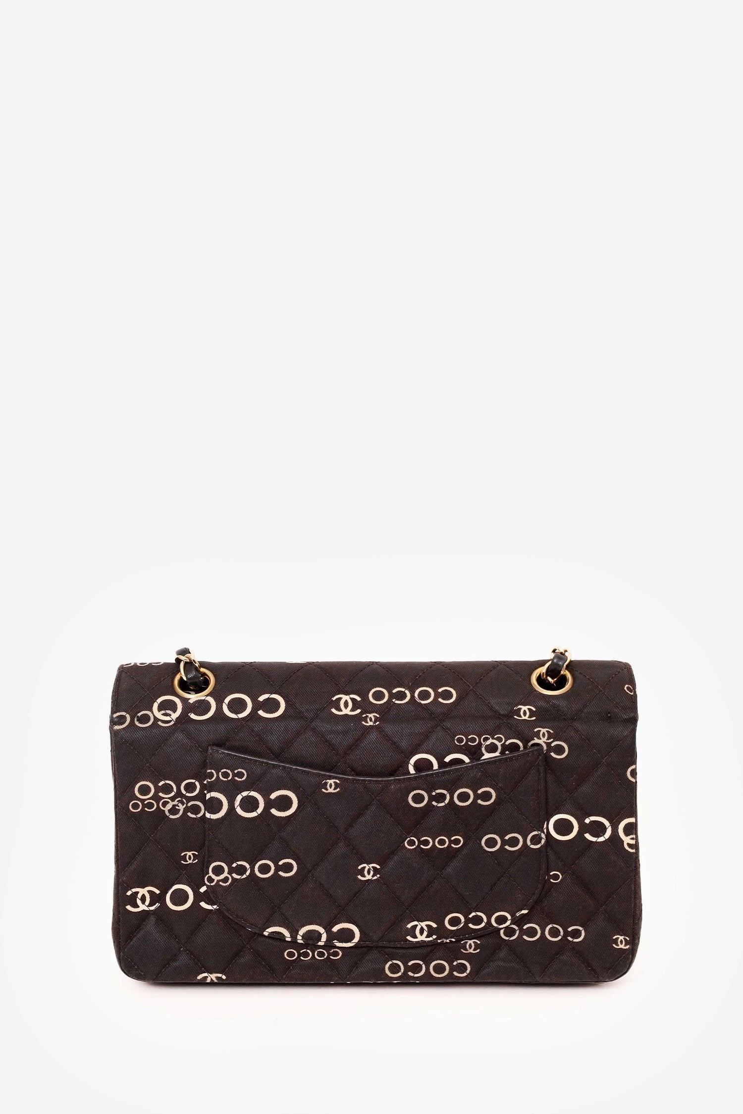 Pre-Loved Chanel 2002-03 Black/White Denim Quilted Coco Print Medium Double Flap Bag