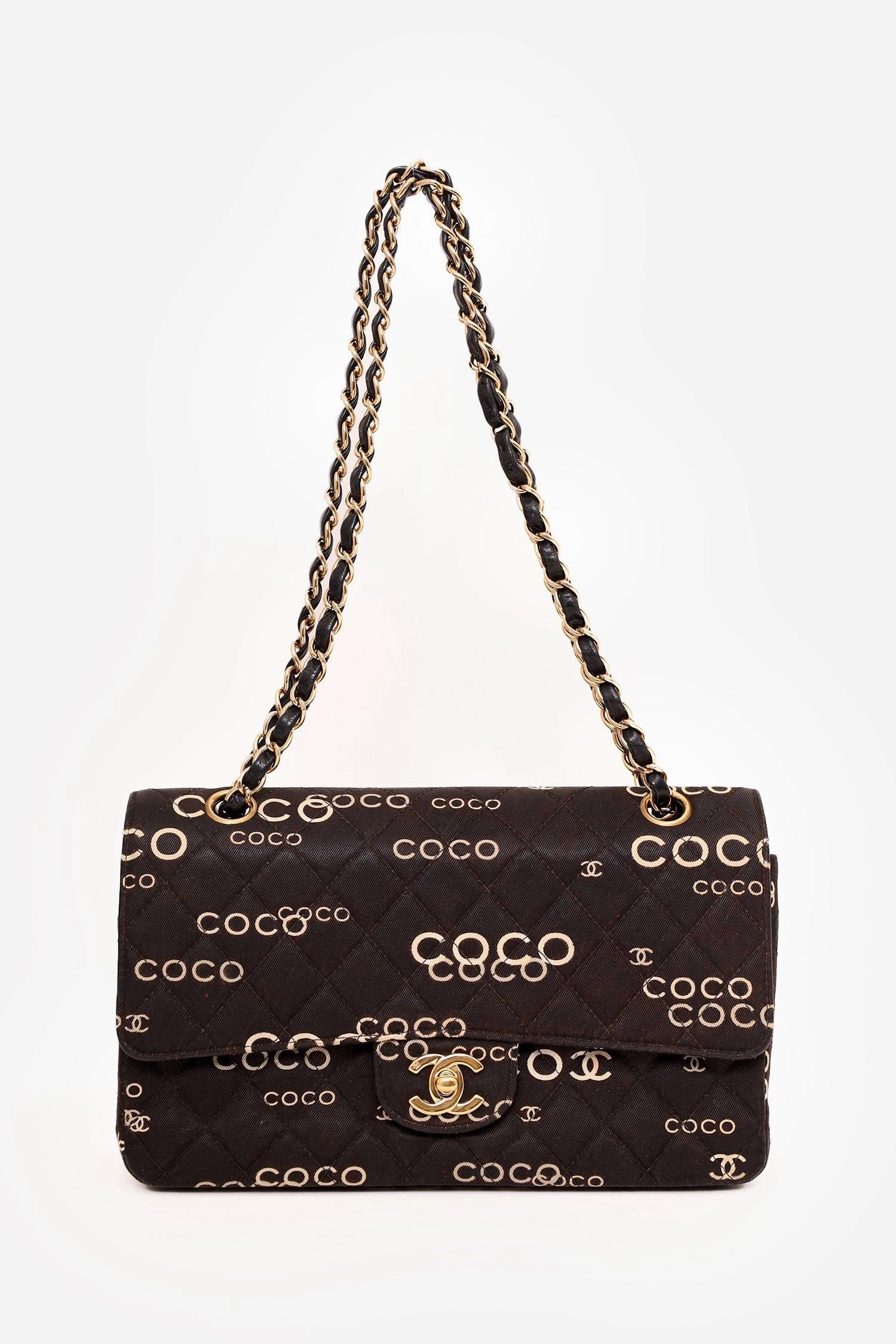 Pre-Loved Chanel 2002-03 Black/White Denim Quilted Coco Print Medium Double Flap Bag
