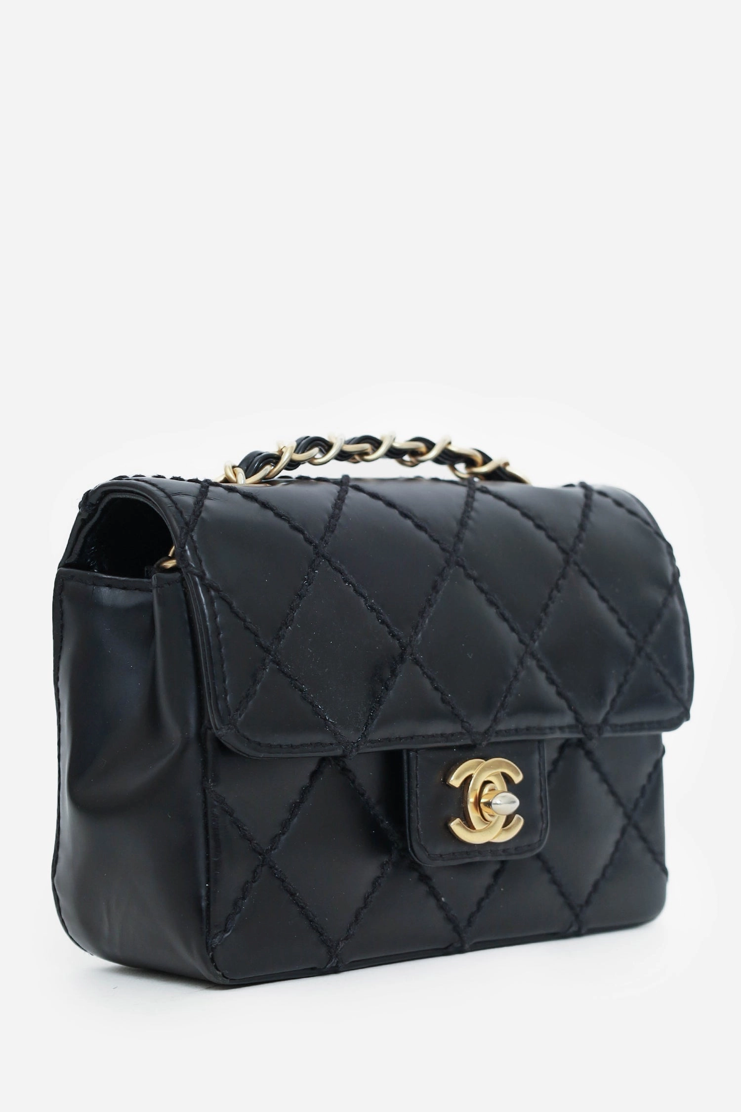 Pre-Loved Chanel 2003-04 Black Calfskin Wild Stitch Mini Classic Square Flap Bag \'As Is\'