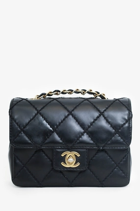 Pre-Loved Chanel 2003-04 Black Calfskin Wild Stitch Mini Classic Square Flap Bag \'As Is\'