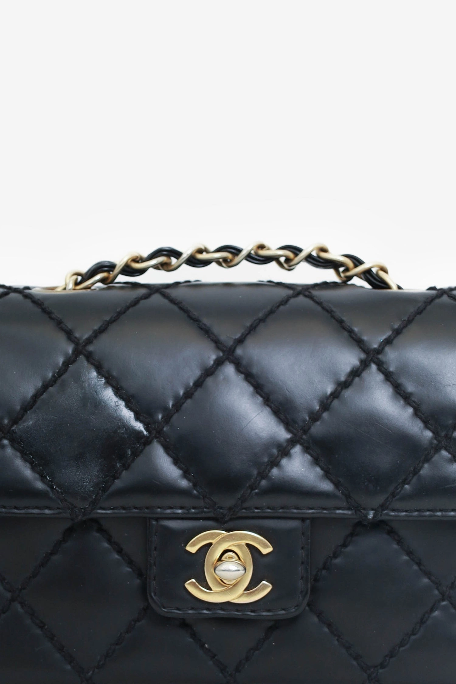 Pre-Loved Chanel 2003-04 Black Calfskin Wild Stitch Mini Classic Square Flap Bag \'As Is\'