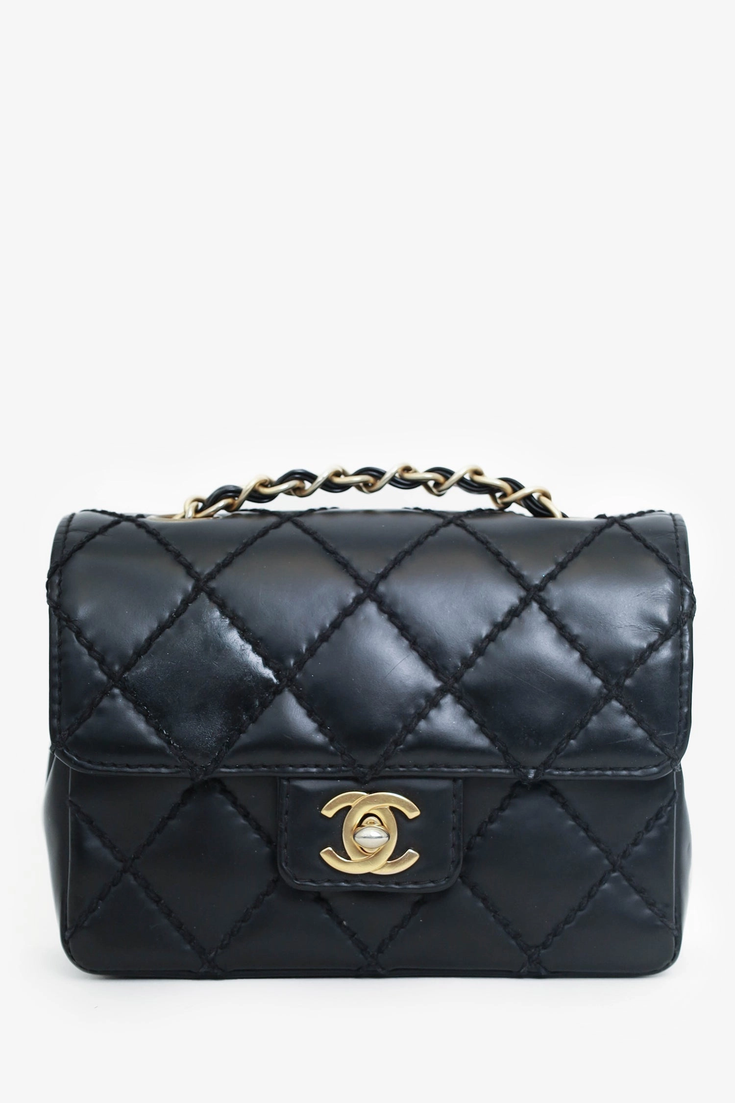 Pre-Loved Chanel 2003-04 Black Calfskin Wild Stitch Mini Classic Square Flap Bag \'As Is\'