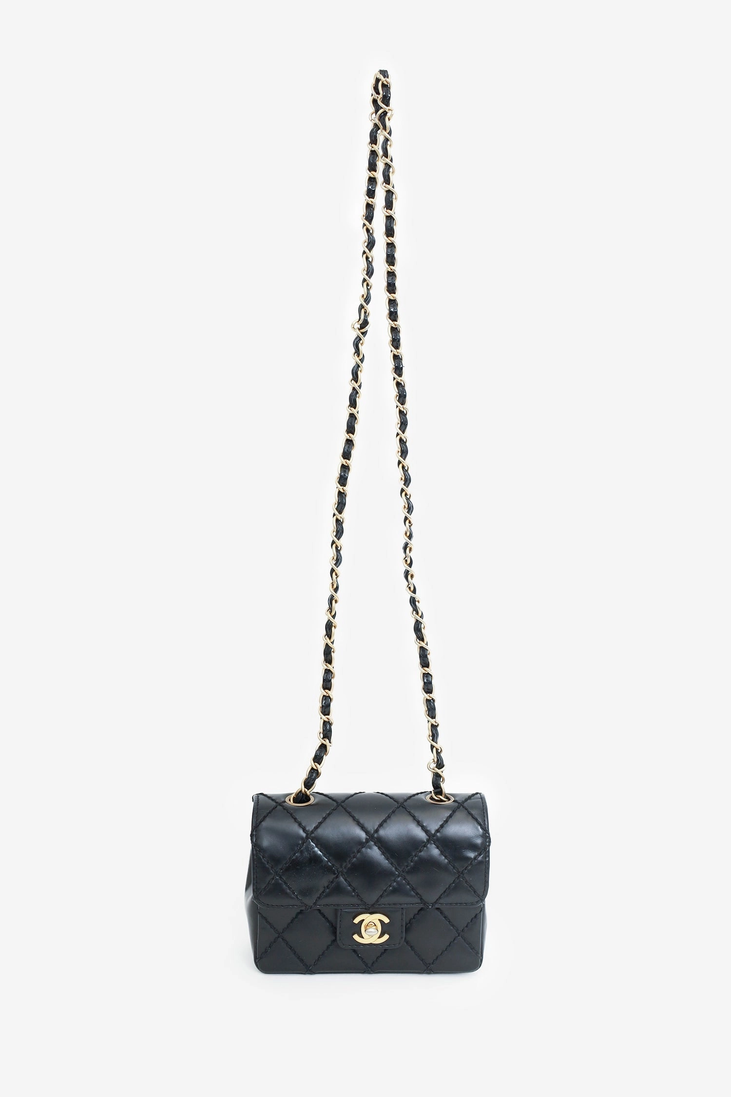Pre-Loved Chanel 2003-04 Black Calfskin Wild Stitch Mini Classic Square Flap Bag \'As Is\'