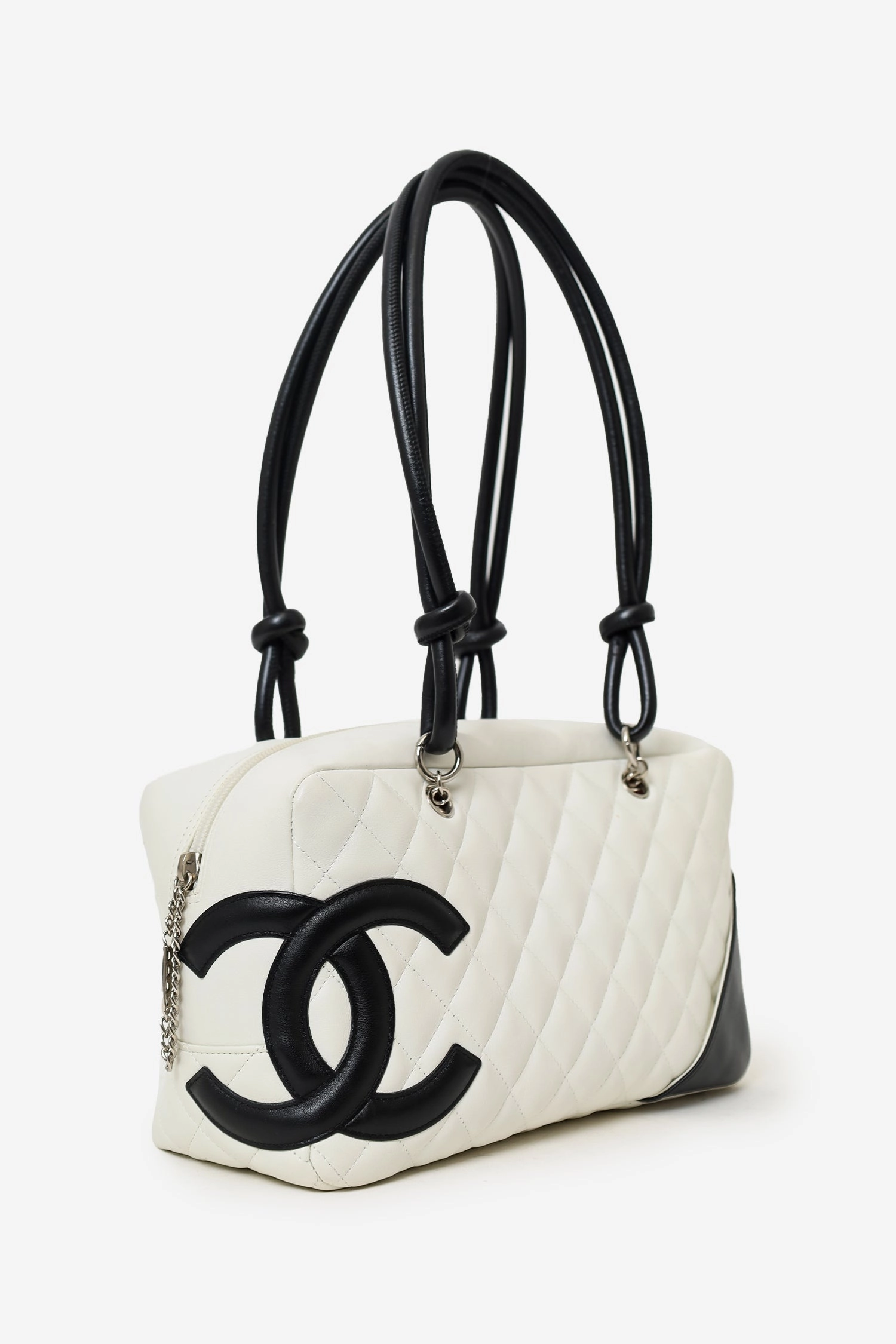 Pre-Loved Chanel 2004-05 Black/White Leather Medium Ligne Cambon Bowling Bag