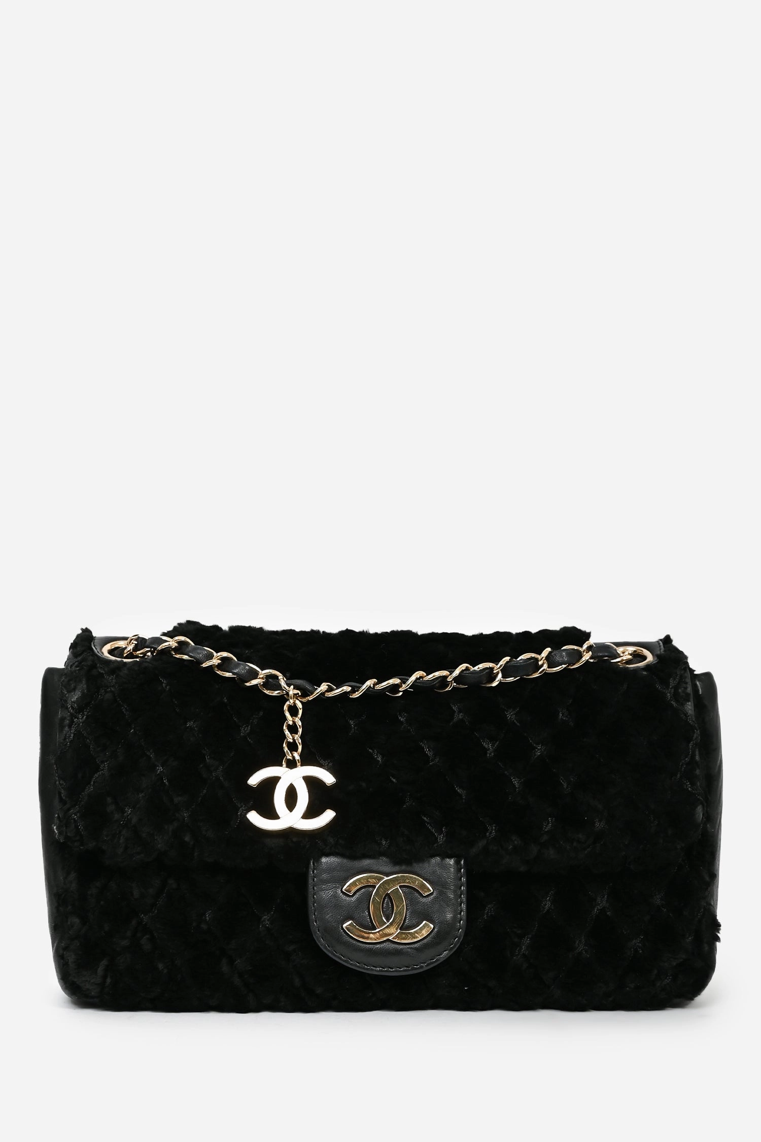 Pre-loved Chanel 2008/09 Black Rabbit Fur/Calfskin Leather Flap Bag