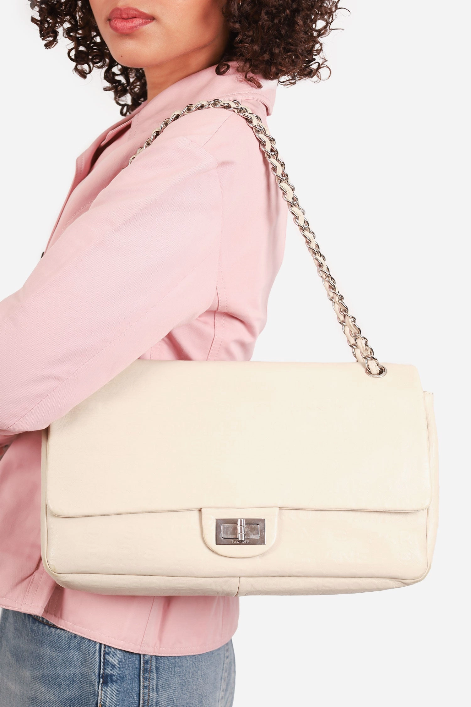 Pre-loved Chanel 2008-09 White Embossed CC Calfskin Unlimited Reissue 228 Flap Bag