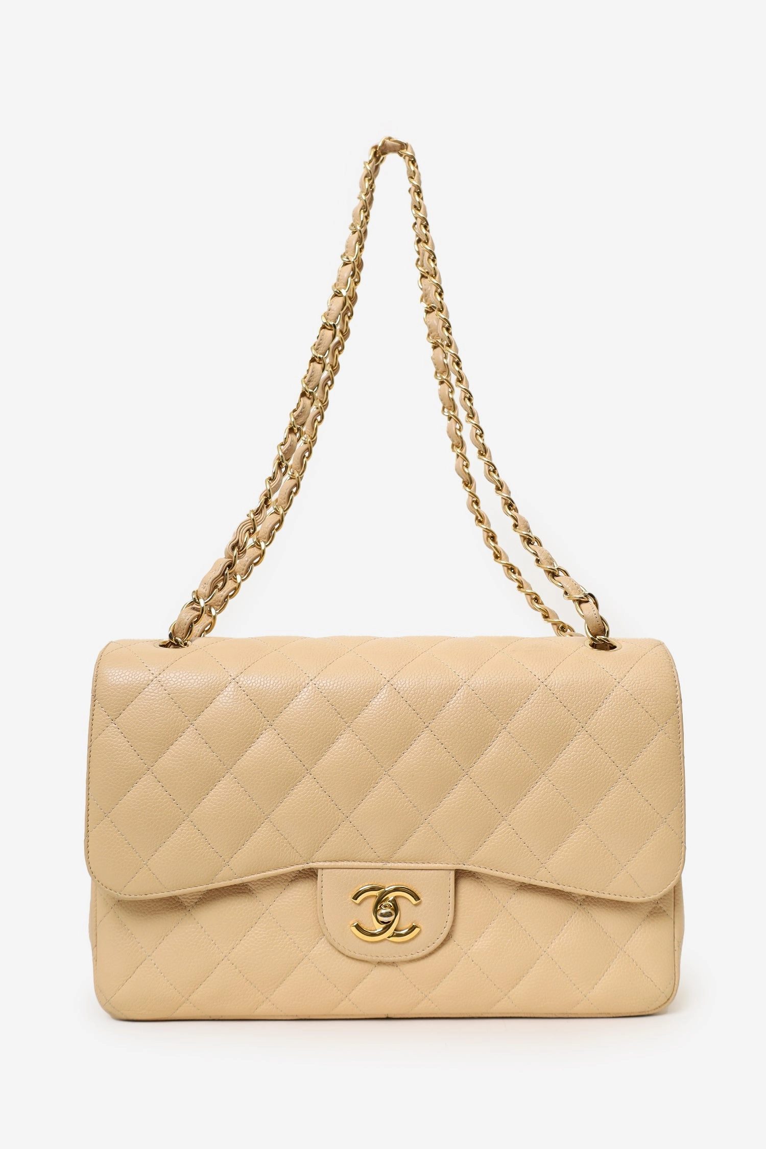 Pre-Loved Chanel 2010-11 Beige Caviar Leather Jumbo Classic Double Flap Bag