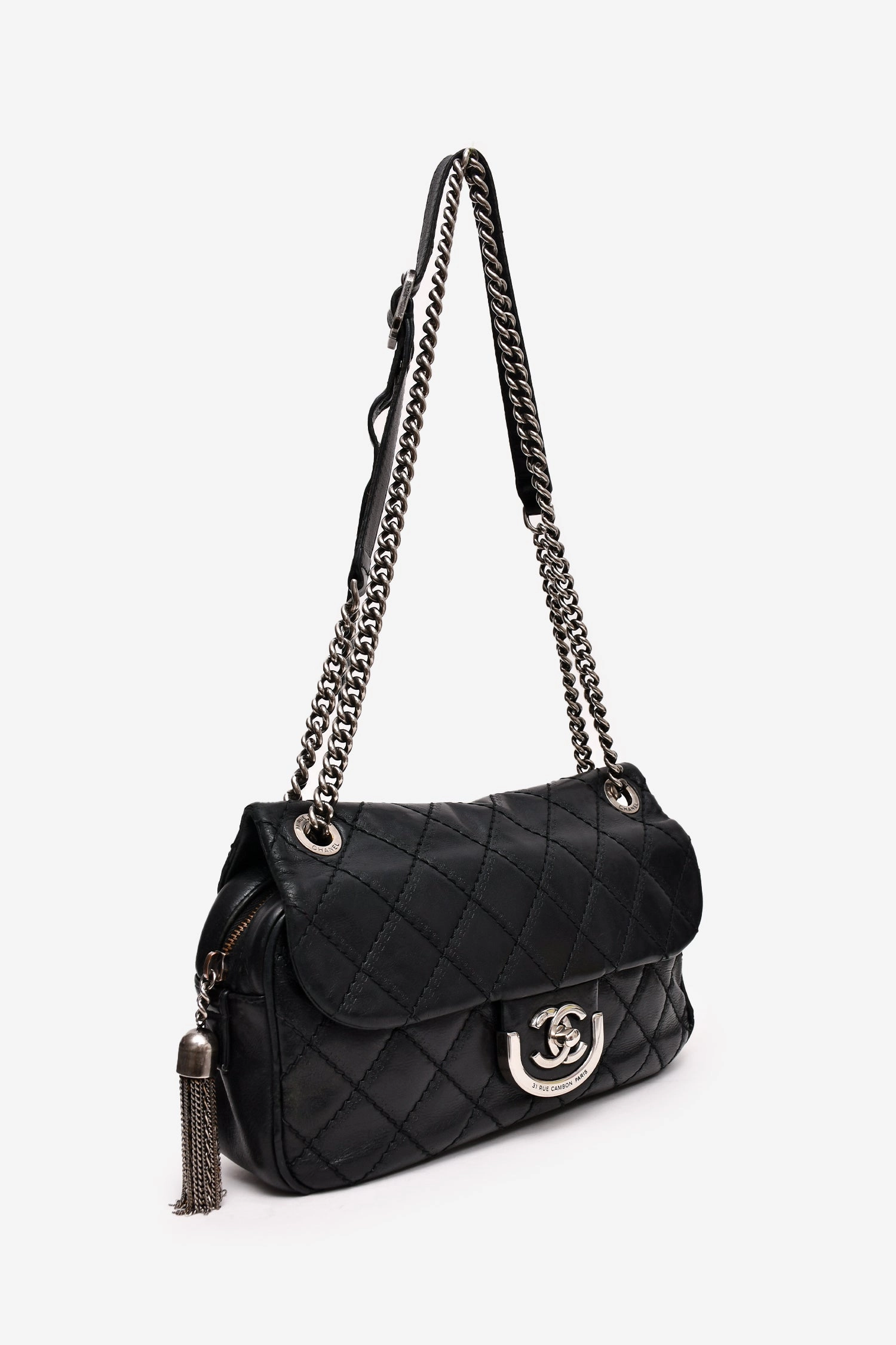 Pre-Loved Chanel 2013 Black Lambskin Paris-Edinburgh Coco Sporran Medium Flap Bag