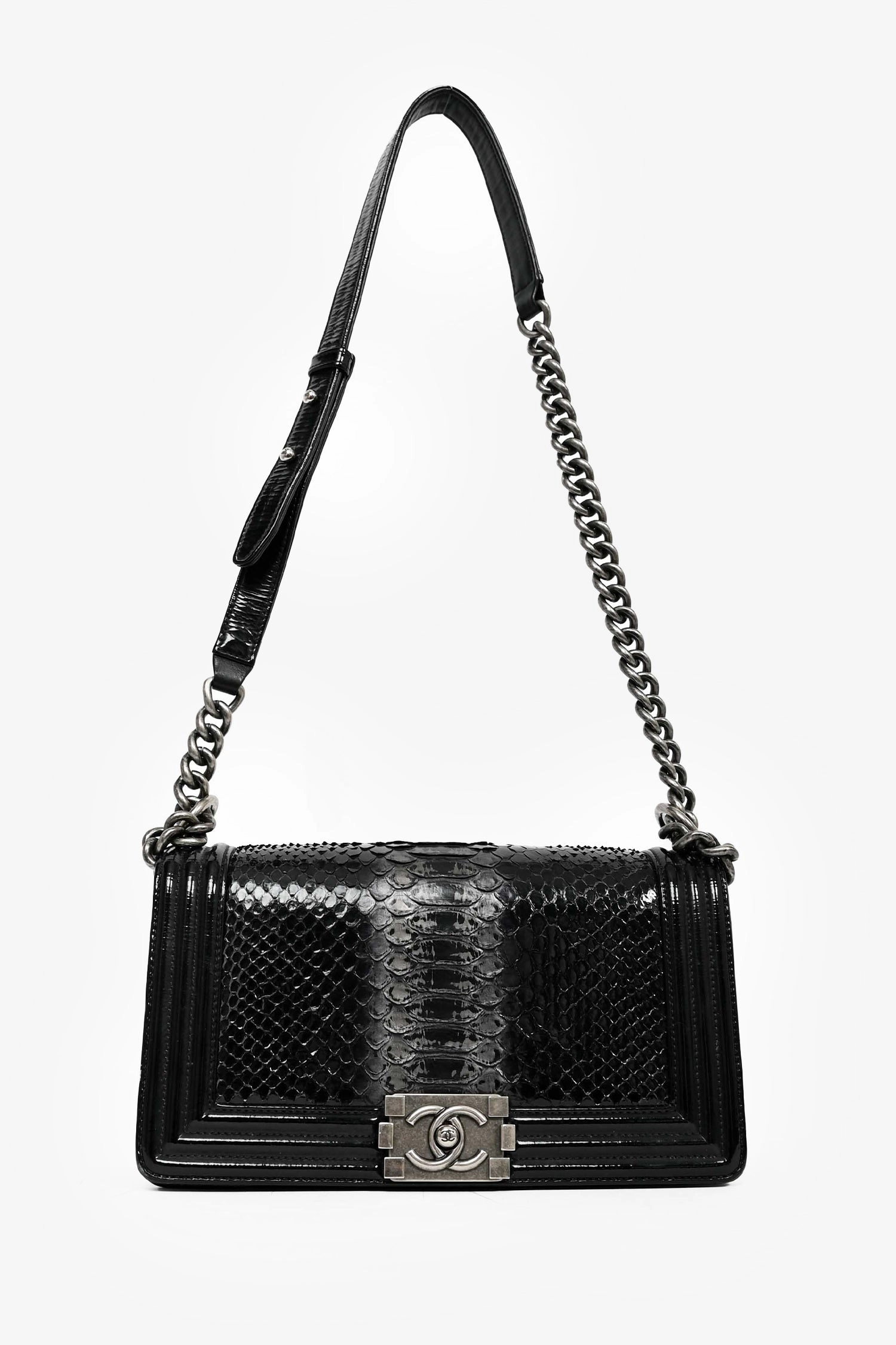 Pre-Loved Chanel 2014-15 Black/Grey Python Medium Boy Bag