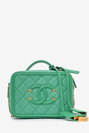 Pre-Loved Chanel 2017/18 Green Caviar Leather Small Filigree Vanity Case