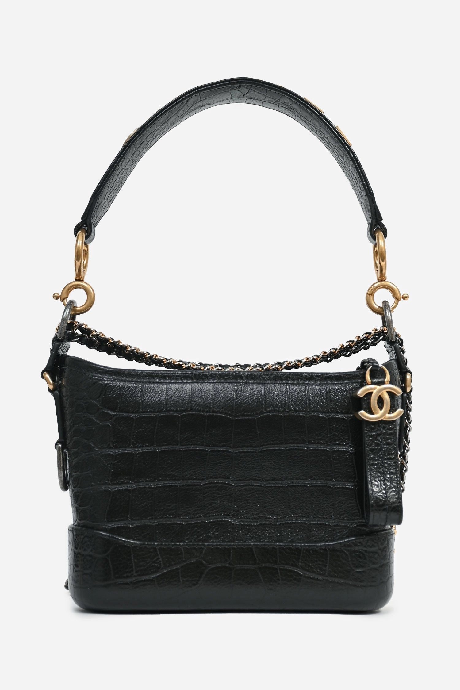 Pre-Loved Chanel 2019-20 Black Croc Embossed Leather Medium Gabrielle Crossbody Bag with Logo Strap