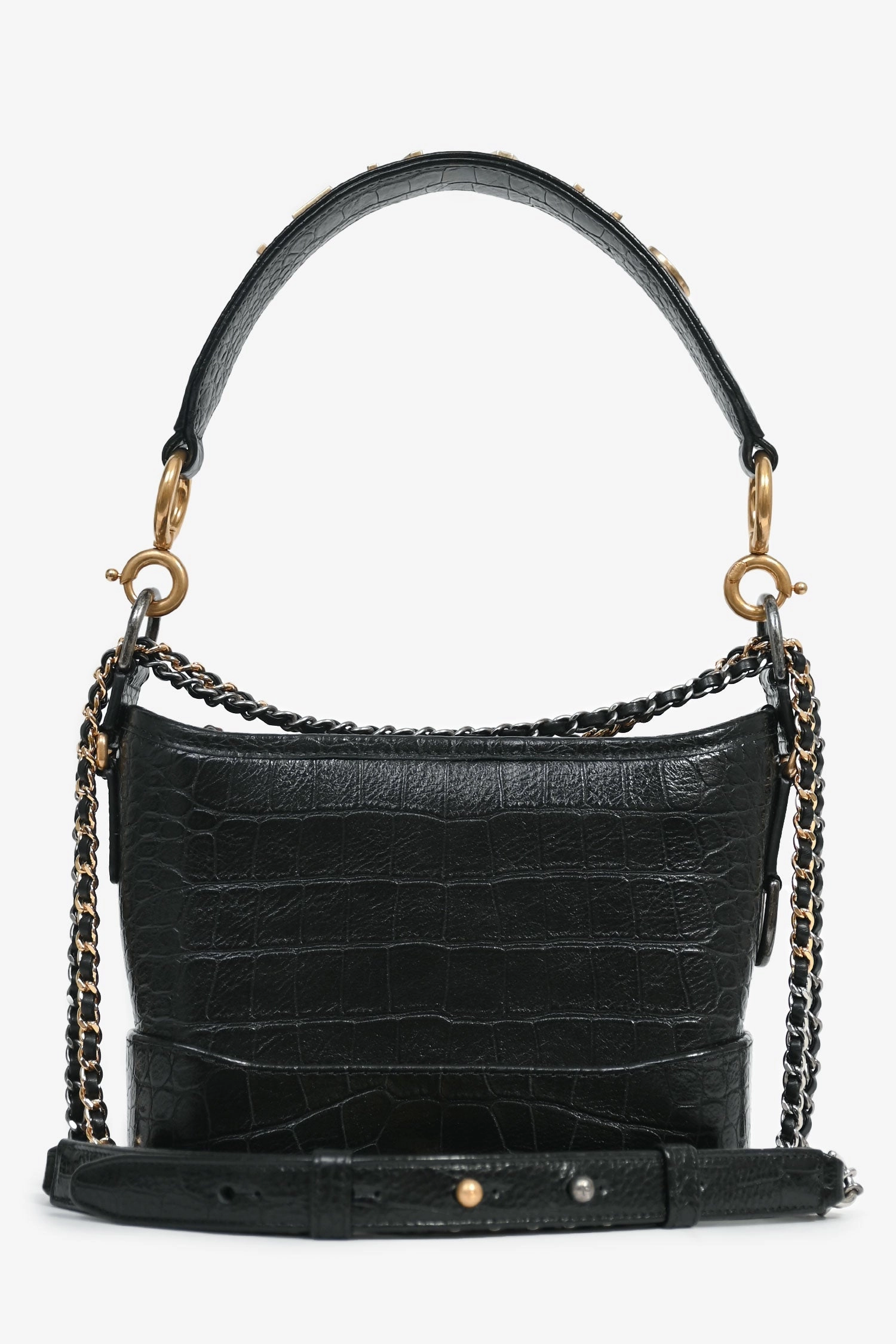 Pre-Loved Chanel 2019-20 Black Croc Embossed Leather Medium Gabrielle Crossbody Bag with Logo Strap