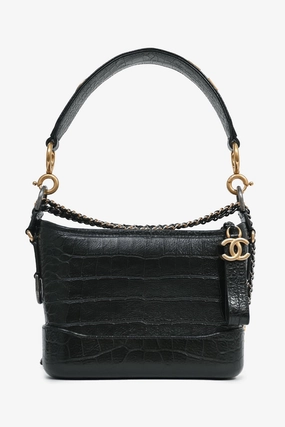 Pre-Loved Chanel 2019-20 Black Croc Embossed Leather Medium Gabrielle Crossbody Bag with Logo Strap
