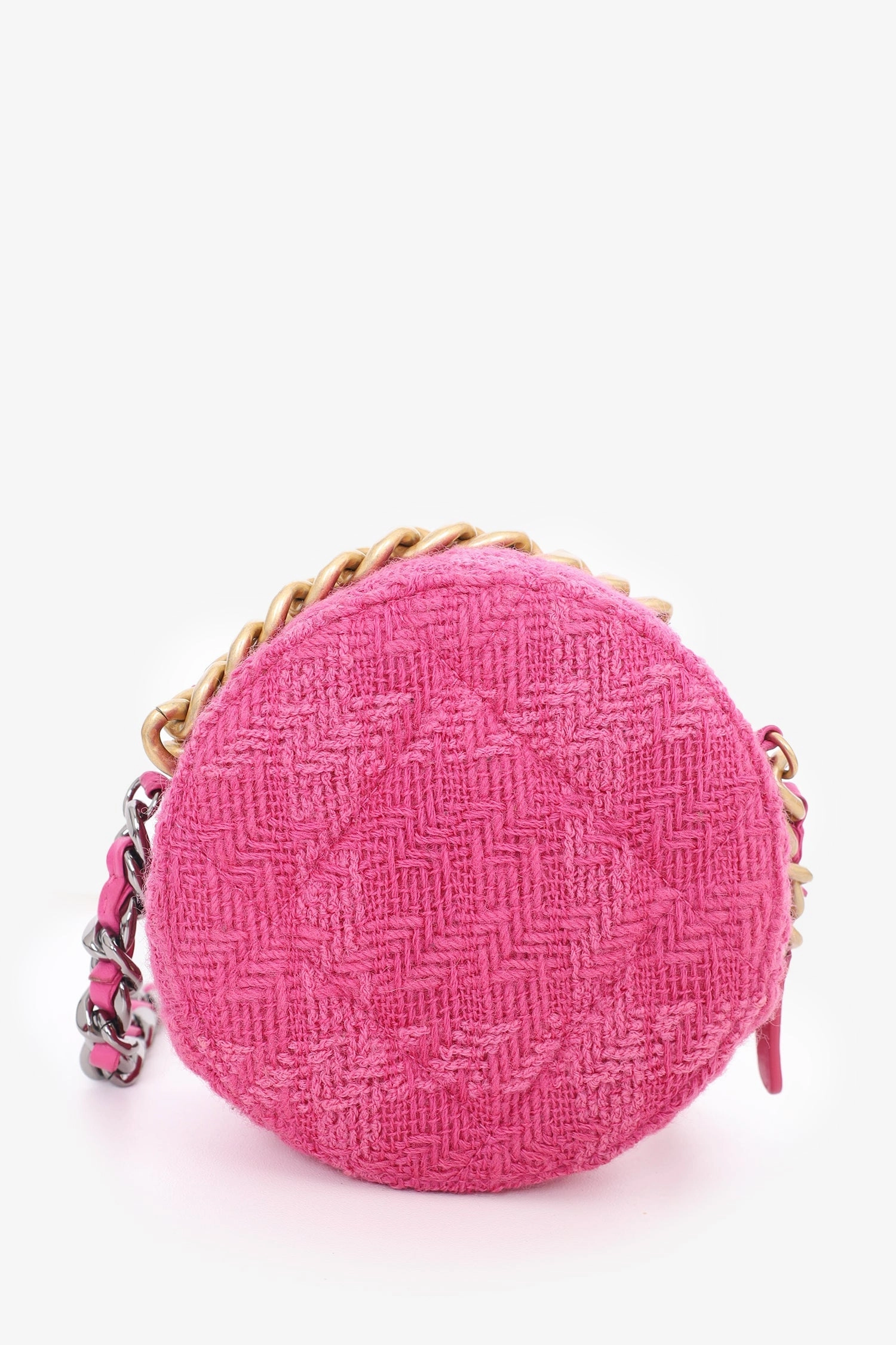 Pre-Loved Chanel 2019-20 Fuchsia Tweed 19 Round Clutch with Coin Purse