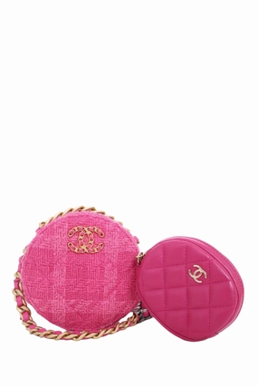 Pre-Loved Chanel 2019-20 Fuchsia Tweed 19 Round Clutch with Coin Purse