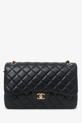 Pre-Loved Chanel 2019 Black Lambskin Leather Double Flap Jumbo Bag