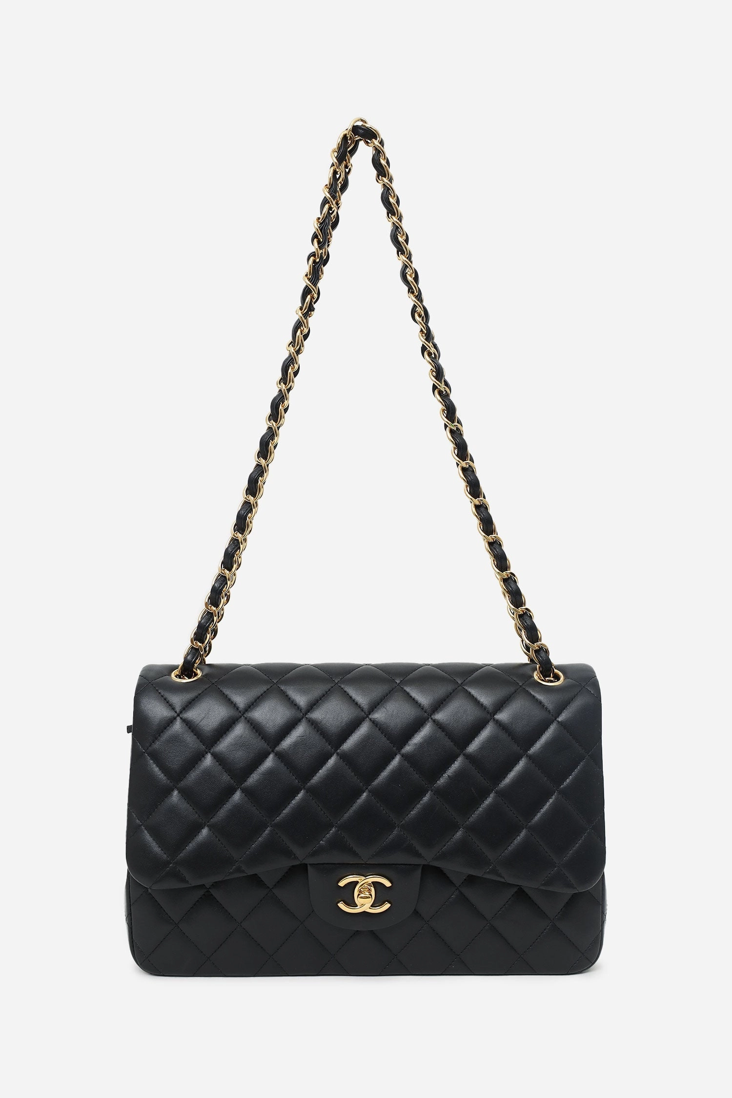 Pre-Loved Chanel 2019 Black Lambskin Leather Double Flap Jumbo Bag