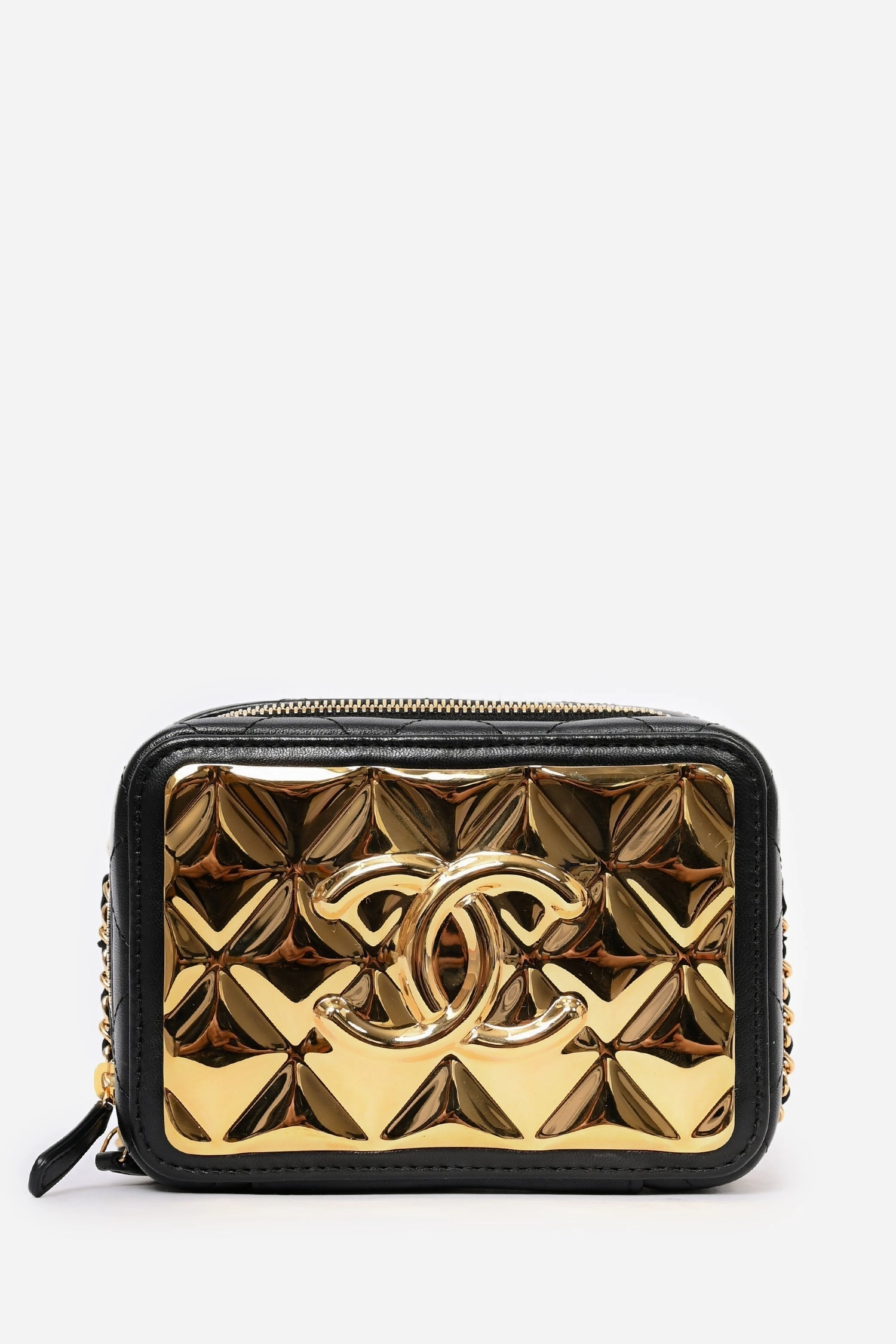 Pre-Loved Chanel 2021 Black Leather Gold CC Plate Mini Vanity Crossbody